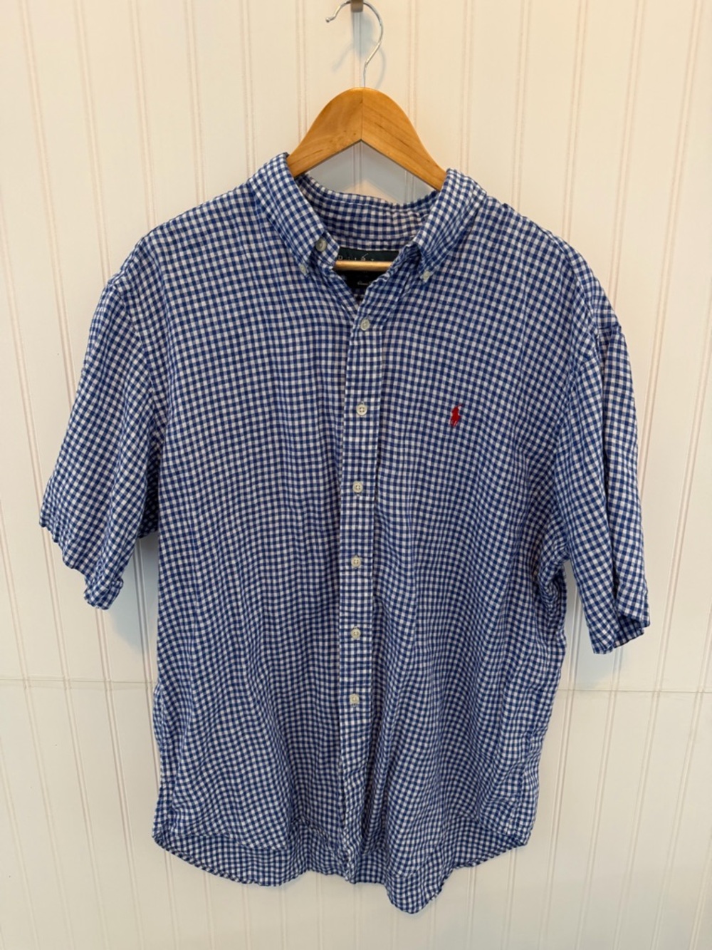 Ralph Lauren Linen Blue Gingham Short-Sleeve Button-Down w/ red Pony Size XL